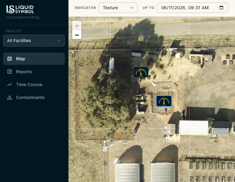 Liquid Symbol Customer Portal — satellite map of a composting facility with speedometer quality score markers on each pile
