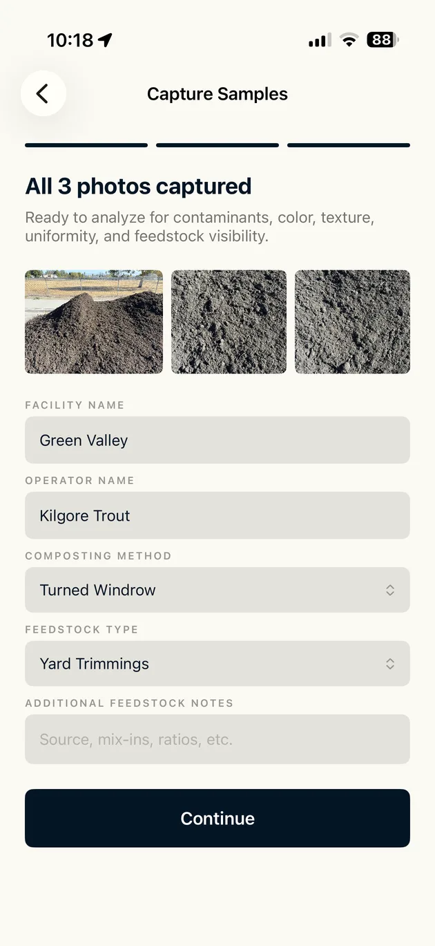 VCAT app: the three photos of a compost pile captured, with facility and feedstock details