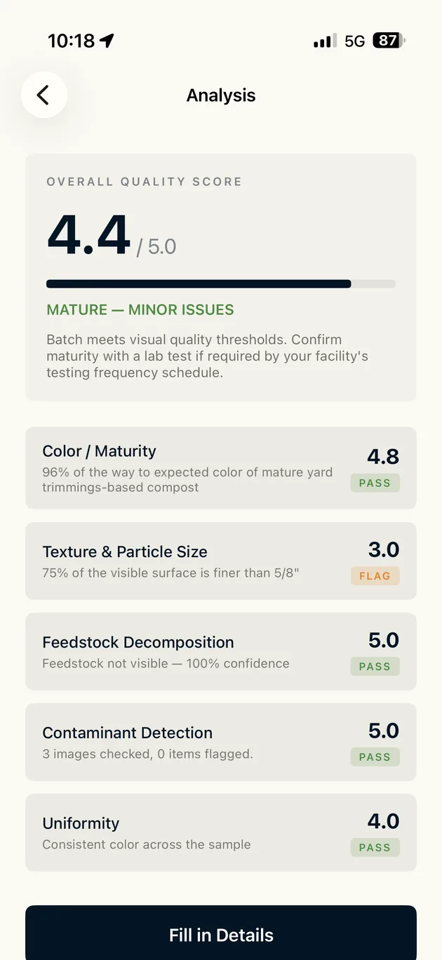 VCAT app: analysis screen with an overall quality score and five indicator scores