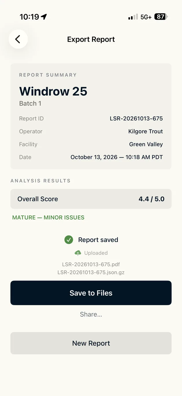 VCAT app: export screen showing the report saved and uploaded
