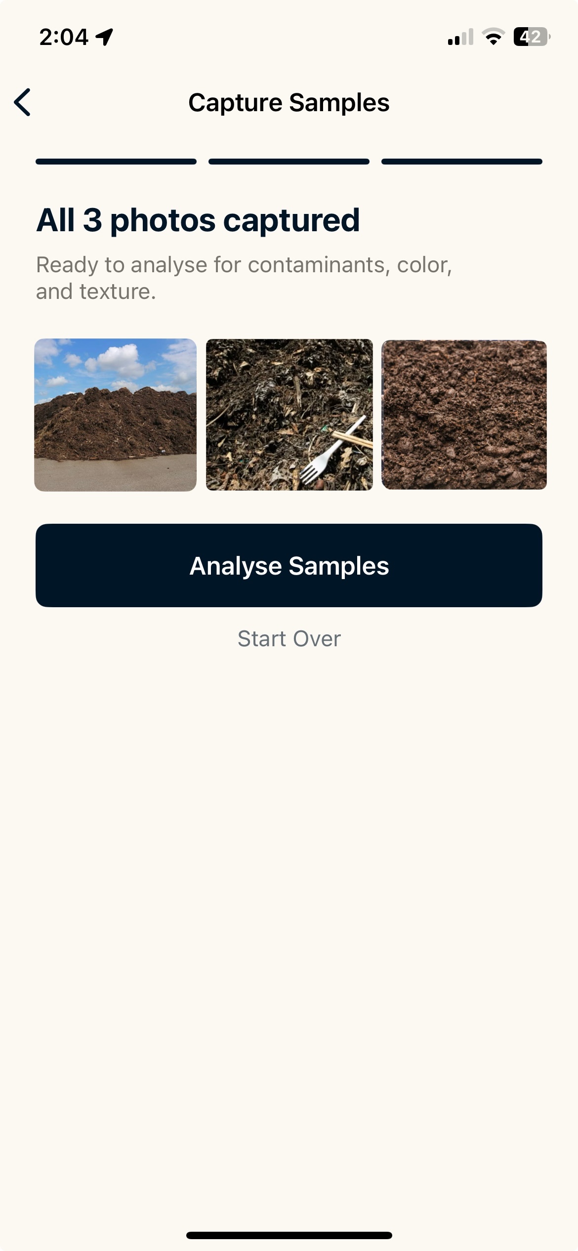 Liquid Symbol app — Capture Samples screen showing three compost photos ready to analyze