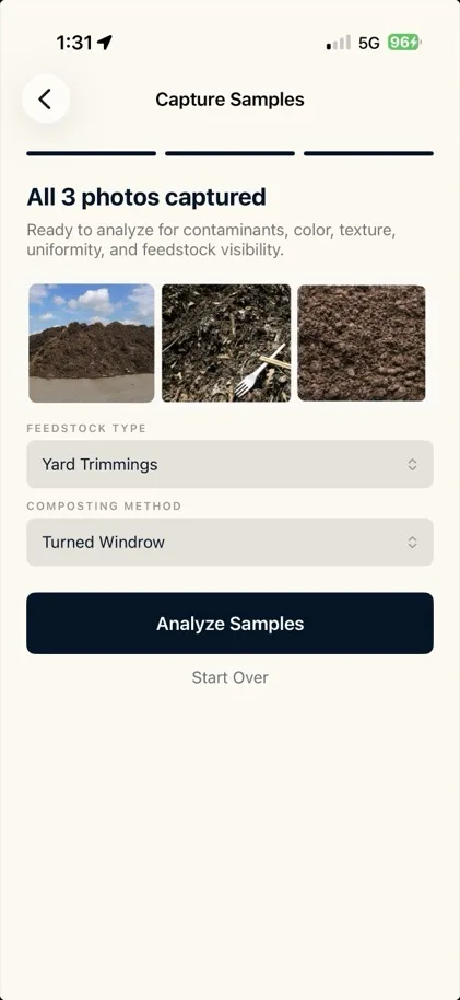 Liquid Symbol app — Capture Samples screen showing three compost photos ready to analyze