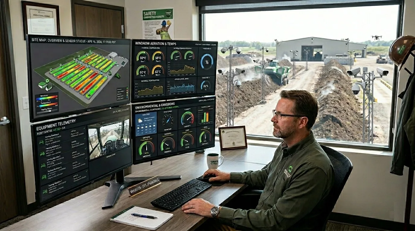 Composting facility manager monitoring operations from a data dashboard