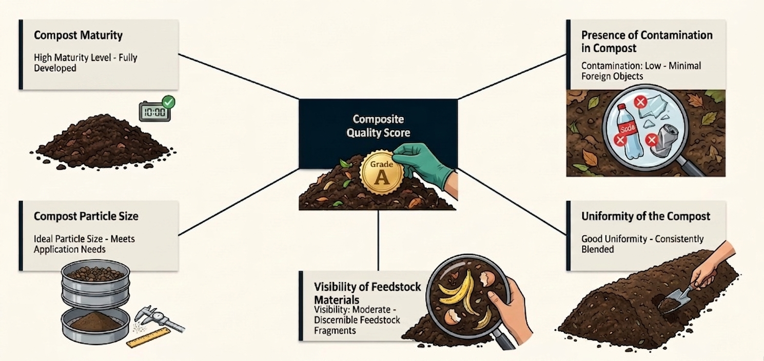 Composite Quality Score — five quality indicators: maturity, contamination, particle size, feedstock visibility, uniformity