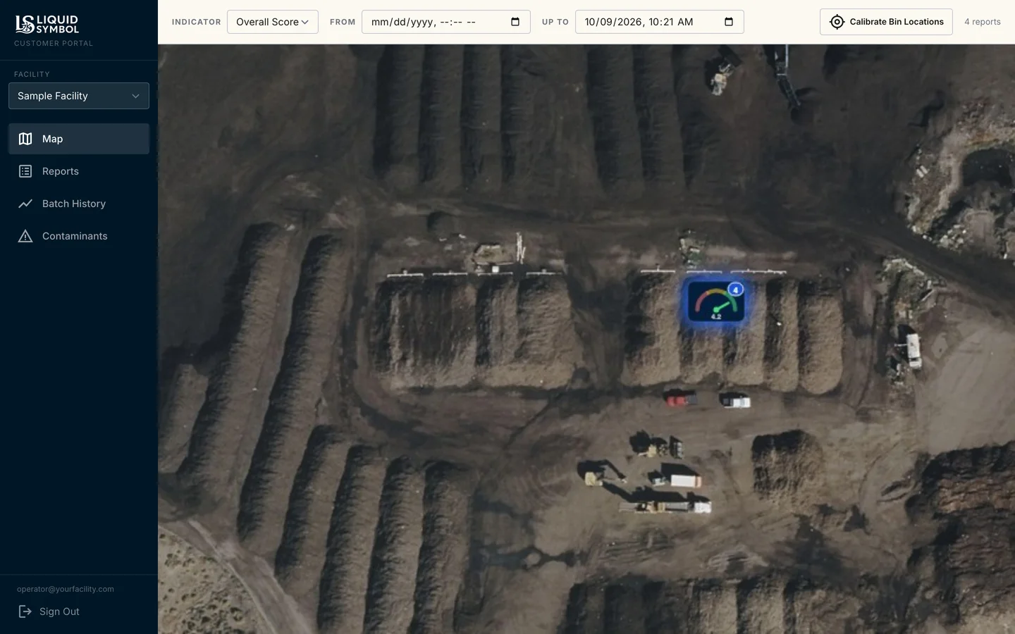 VCAT customer portal: a facility map with a quality score marker on a windrow