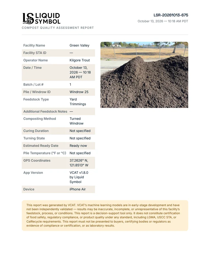 VCAT report, page 1: facility and batch details with the overview photo